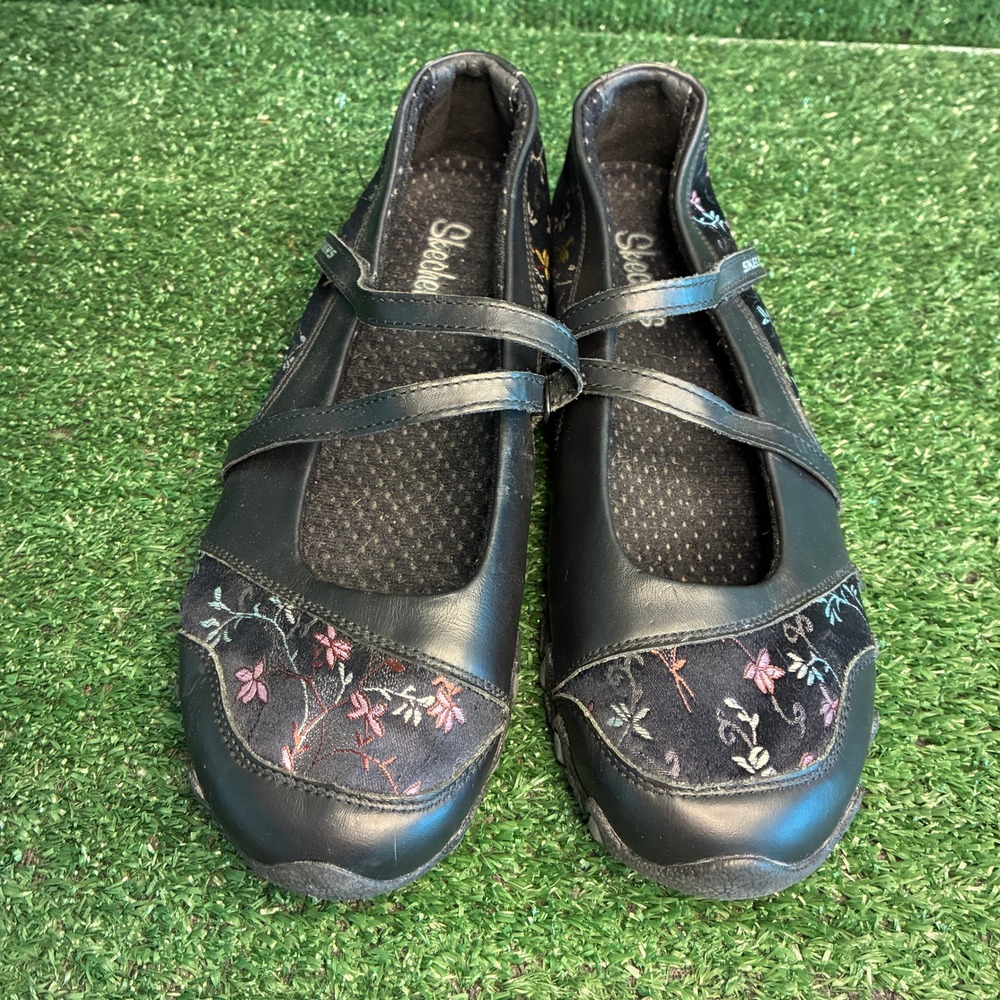 Skechers Bikers Floral Embroidery Mary Jane Comfort Walking Shoe Black Women 7.5 - Picture 2 of 9